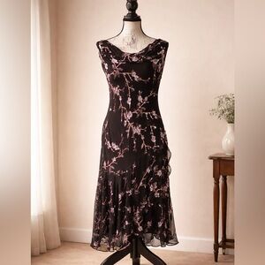 Alex Evenings Beaded Floral Silk Blend Dress Black Pink Embellished Evening Sz S